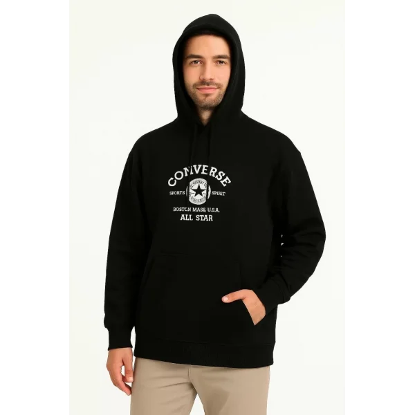 Erkek Kapşonlu Sweatshirt – Üç İplik Şardonlu Kumaş, Oversize Fit, Ön & Arka Baskılı, Kanguru Cepli, Kışlık Rahat Hoodie- Siyah