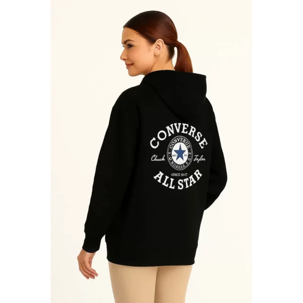 Kadın Kapşonlu Sweatshirt – Üç İplik Şardonlu Kumaş, Oversize Fit, Ön & Arka Baskılı, Kanguru Cepli, Kışlık Rahat Hoodie- Siyah