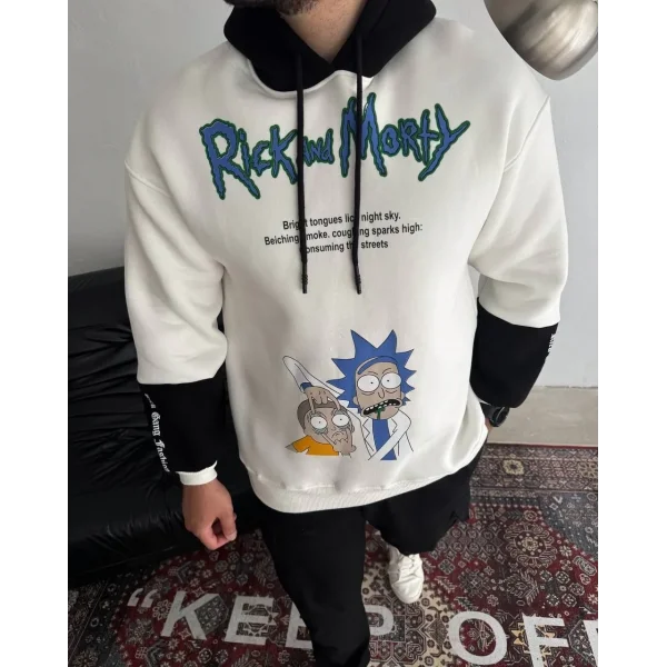 Üç İplik Kapşonlu Parçalı Baskılı SweatShirt - Beyaz