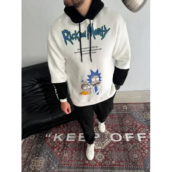 Üç İplik Kapşonlu Parçalı Baskılı SweatShirt - Beyaz
