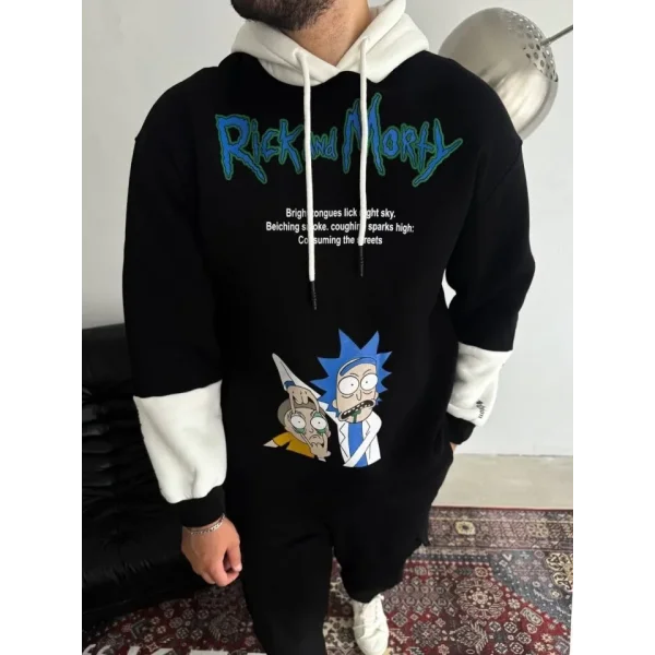 Üç İplik Kapşonlu Parçalı Baskılı SweatShirt - Siyah