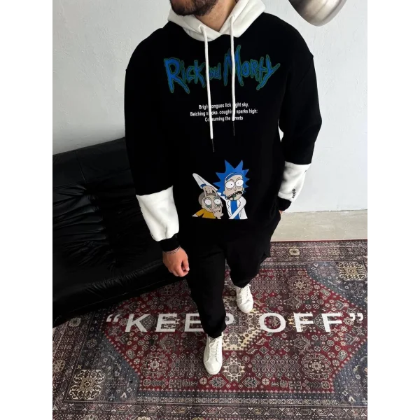 Üç İplik Kapşonlu Parçalı Baskılı SweatShirt - Siyah