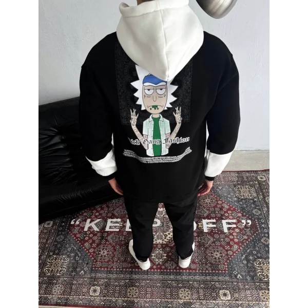 Üç İplik Kapşonlu Parçalı Baskılı SweatShirt - Siyah