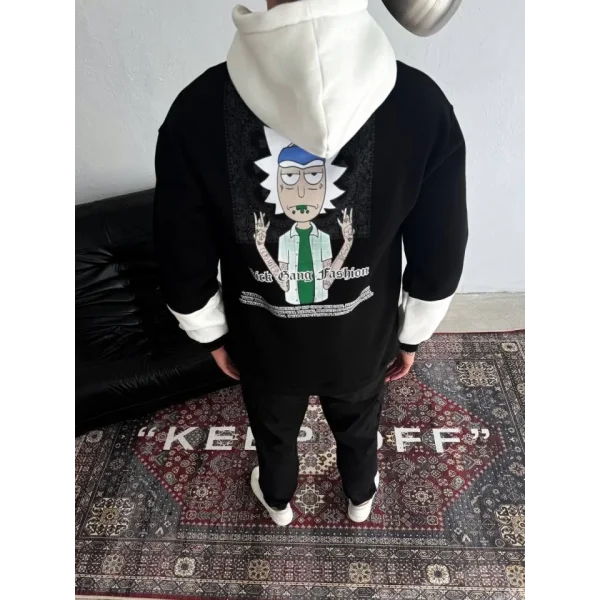 Üç İplik Kapşonlu Parçalı Baskılı SweatShirt - Siyah