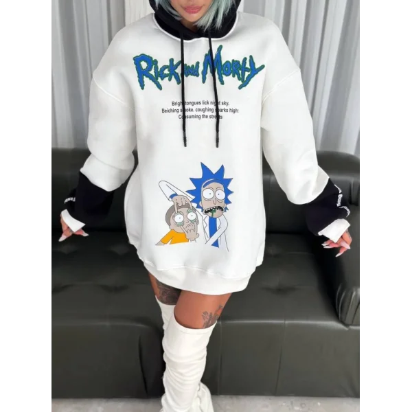 Üç İplik Kapşonlu Parçalı Baskılı weathirt  Beyaz