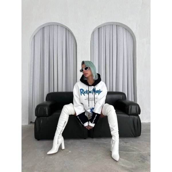 Üç İplik Kapşonlu Parçalı Baskılı weathirt  Beyaz