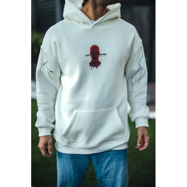 Üç İplik Kapüşonlu Baskılı Oversize SweatShirt- Beyaz
