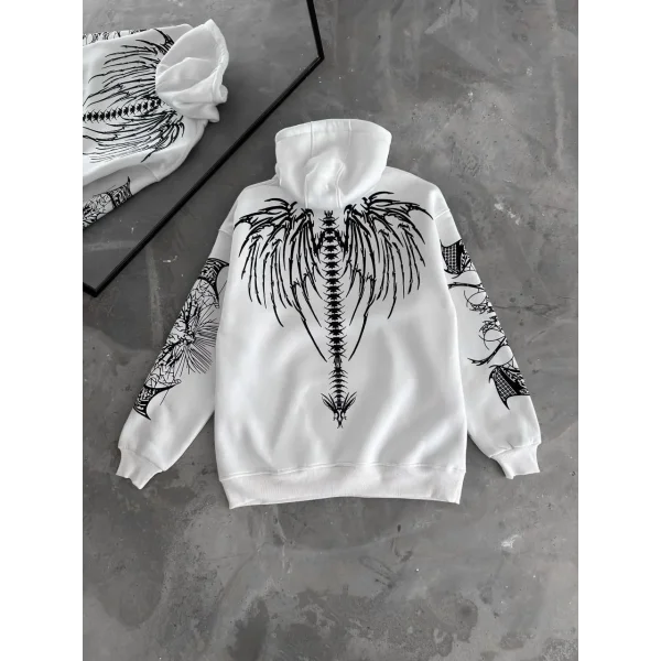 Üç İplik Kapüşonlu Baskılı Oversize SweatShirt- Beyaz