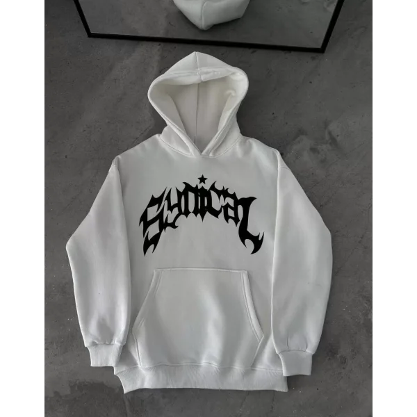 Üç İplik Kapüşonlu Baskılı Oversize SweatShirt- Beyaz