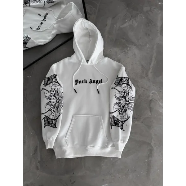 Üç İplik Kapüşonlu Baskılı Oversize SweatShirt- Beyaz