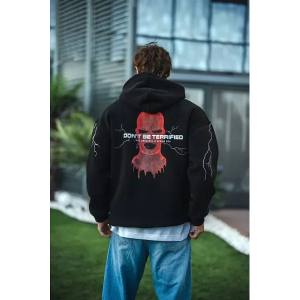 Üç İplik Kapüşonlu Baskılı Oversize SweatShirt- Siyah