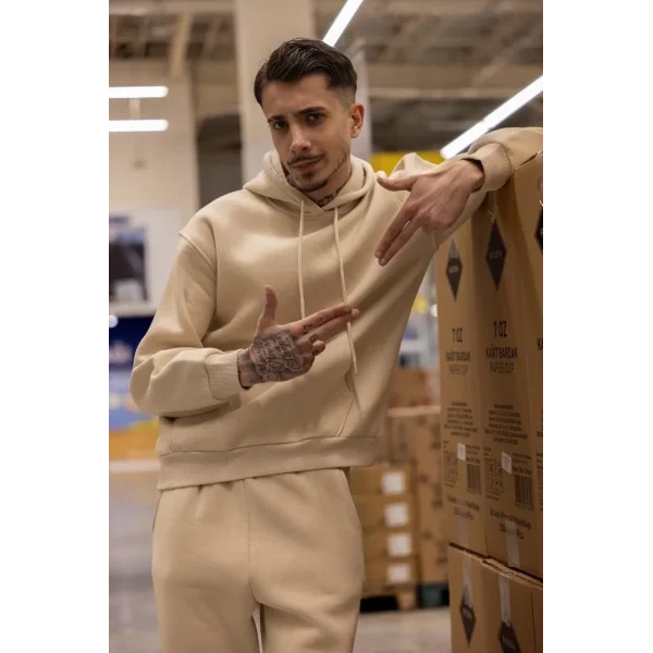 Üç İplik Kapüşonlu Eşofman Takım - Bej