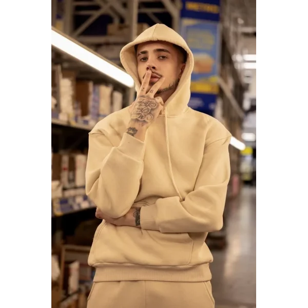 Üç İplik Kapüşonlu Eşofman Takım - Bej