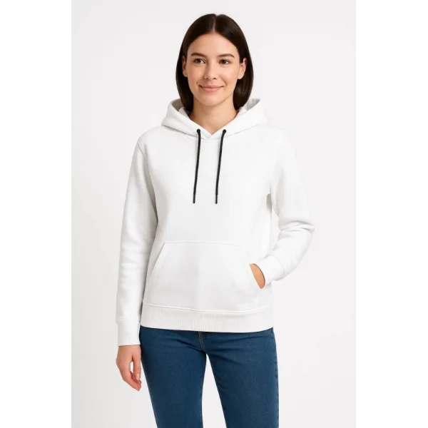 Üç İplik Kapüşonlu Kanguru Çepli SweatShirt Hoodie - Beyaz