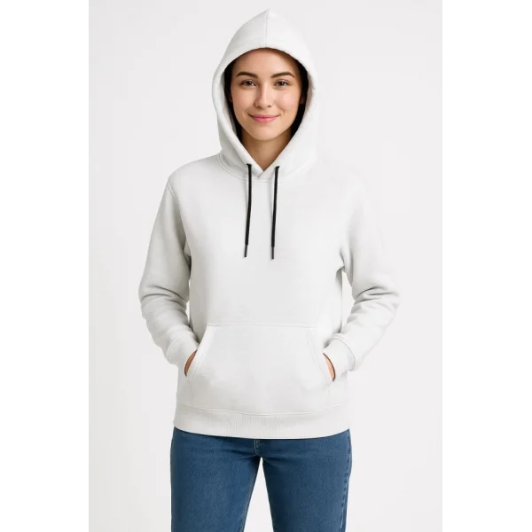 Üç İplik Kapüşonlu Kanguru Çepli SweatShirt Hoodie - Beyaz