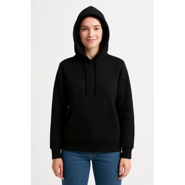 Üç İplik Kapüşonlu Kanguru Çepli SweatShirt Hoodie - Siyah