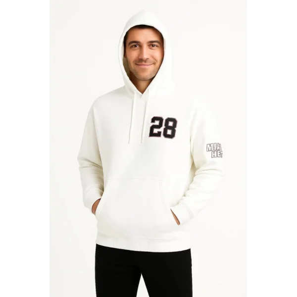 Üç İplik Kapüşonlu Ön Ve Arka Baskılı SweatShirt Hoodie - Beyaz