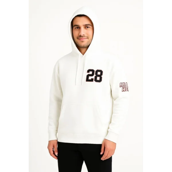 Üç İplik Kapüşonlu Ön Ve Arka Baskılı SweatShirt Hoodie - Beyaz
