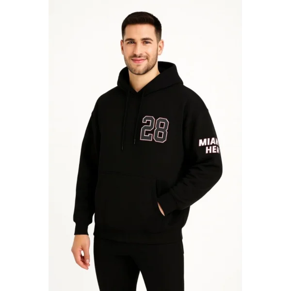 Üç İplik Kapüşonlu Ön Ve Arka Baskılı SweatShirt Hoodie - Siyah