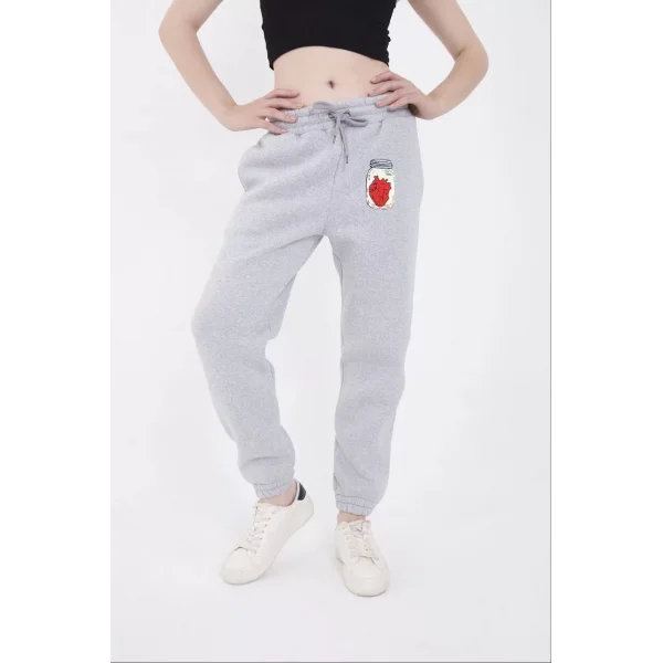 Üç İplik Lastikli Baskılı Eşofman Pantolon - Gri