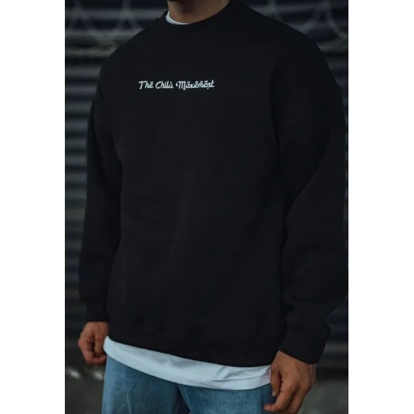 Üç İplik Penye Bisiklet Yaka Oversize Baskılı SweatShirt - Siyah