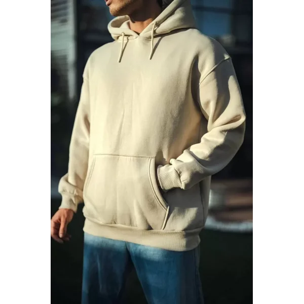 Üç İplik Penye Kapşonlu Basic SweatShirt - Bej