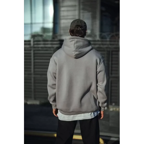 Üç İplik Penye Kapşonlu Basic SweatShirt - Boyalı Gri