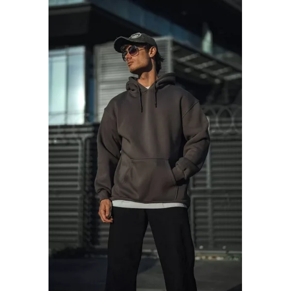 Üç İplik Penye Kapşonlu Basic SweatShirt - Füme