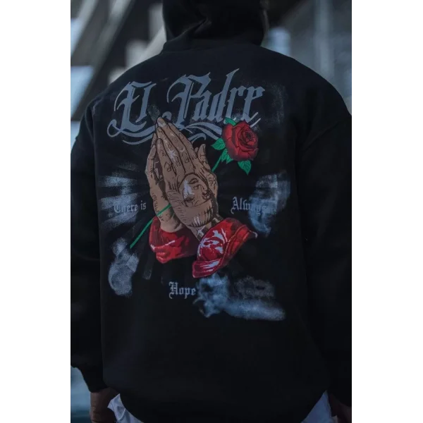 Üç İplik Penye Kapşonlu Baskılı SweatShirt - Siyah