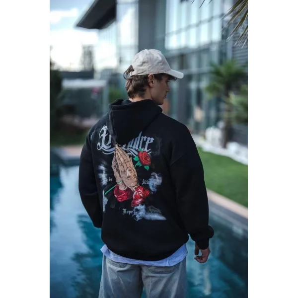 Üç İplik Penye Kapşonlu Baskılı SweatShirt - Siyah