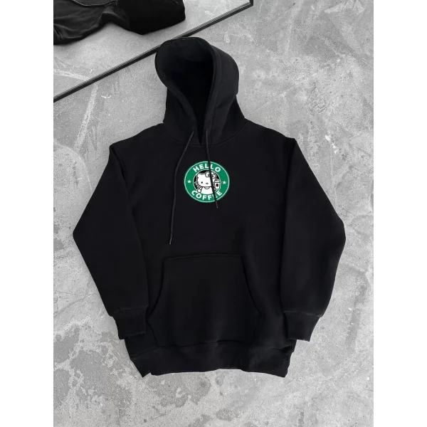 Üç İplik Penye Uzun Kol Kapüşonlu SweatShirt - Siyah