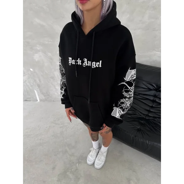 Üç İplik Uzun Kol Kapüşonlu Baskılı SweatShirt - Siyah