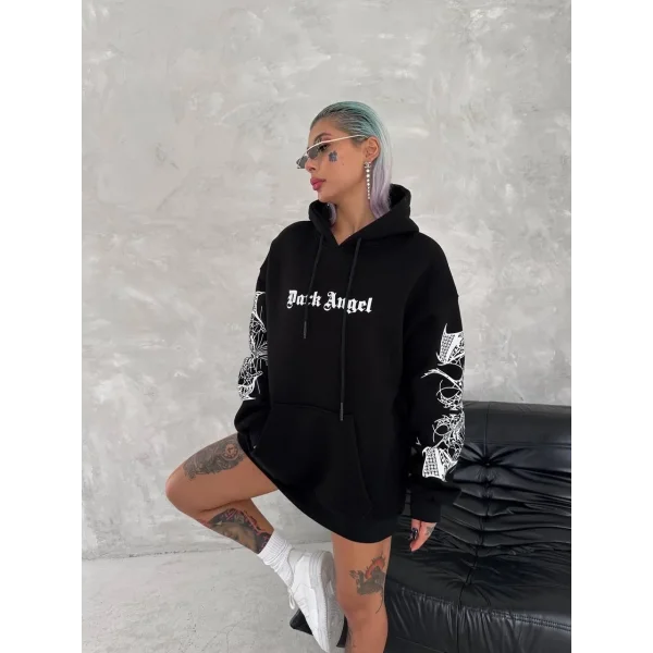 Üç İplik Uzun Kol Kapüşonlu Baskılı SweatShirt - Siyah