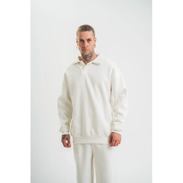 Üç İplik Uzun Kol Yakalı Eşofman Takım - Beyaz