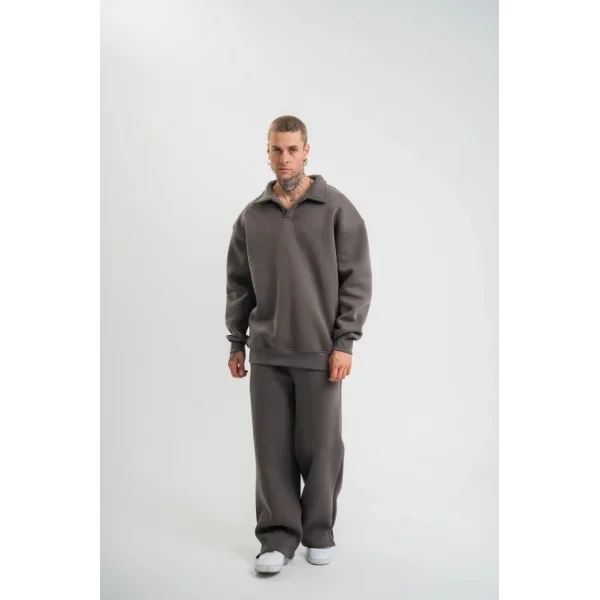 Üç İplik Uzun Kol Yakalı Eşofman Takım - Füme