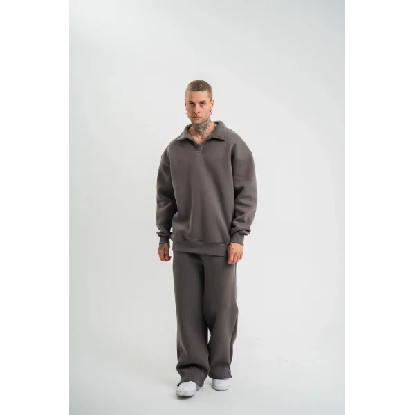 Üç İplik Uzun Kol Yakalı Eşofman Takım - Füme