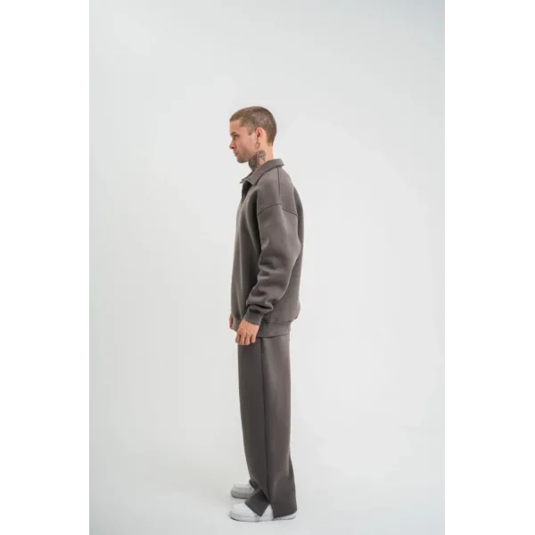 Üç İplik Uzun Kol Yakalı Eşofman Takım - Füme