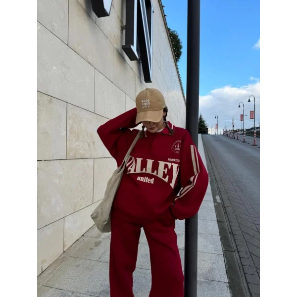 Üç İplik Yakalı weat Baggy Pantalonlu Takım  Bordo