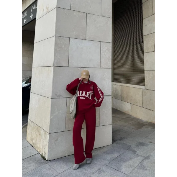 Üç İplik Yakalı weat Baggy Pantalonlu Takım  Bordo