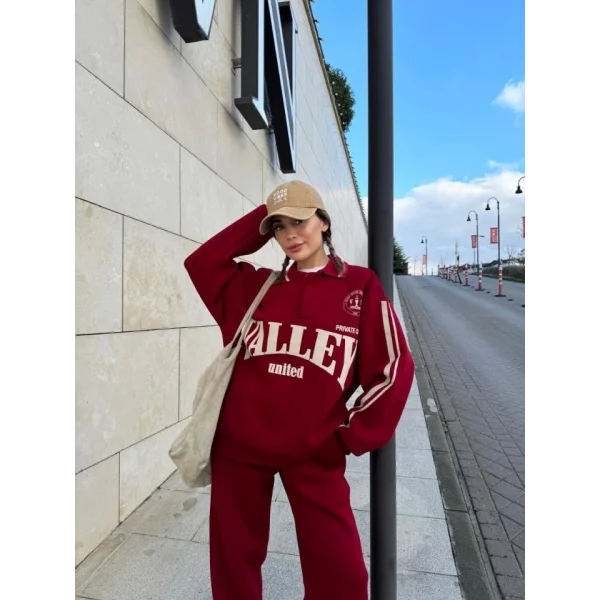 Üç İplik Yakalı weat Baggy Pantalonlu Takım  Bordo