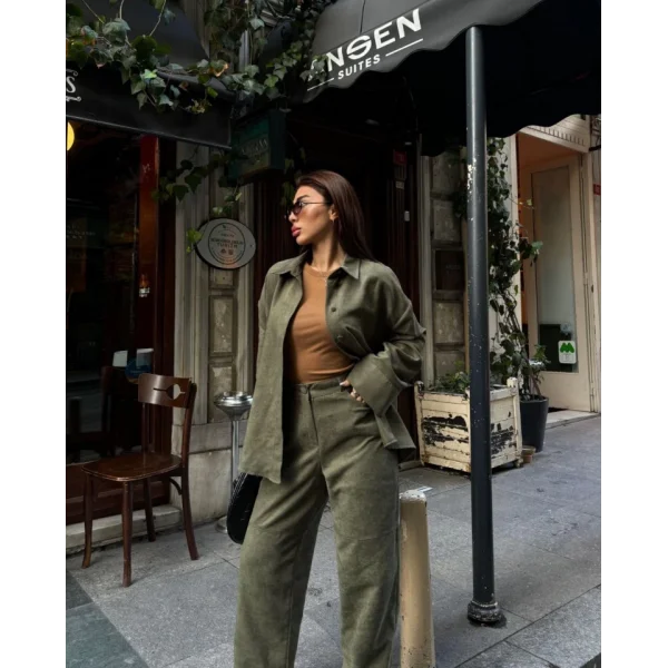 üet Gömlek Palazzo Pantolon İkili Takım Haki