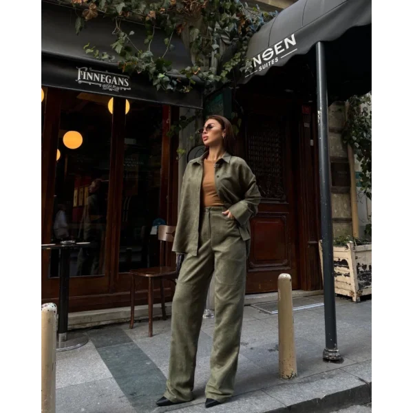 üet Gömlek Palazzo Pantolon İkili Takım Haki