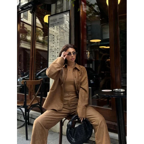 üet Gömlek Palazzo Pantolon İkili Takım Kahve