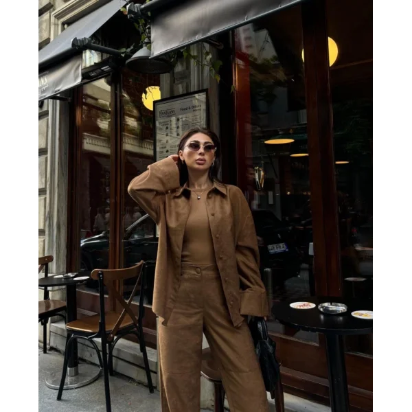 üet Gömlek Palazzo Pantolon İkili Takım Kahve