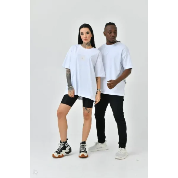Unisex Basic Bisiklet Yaka Oversize Thirt  Beyaz