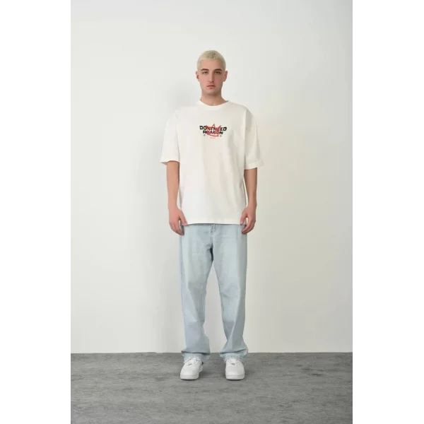 Unisex Baskılı Bisiklet Yaka Oversize T-Shirt - Beyaz