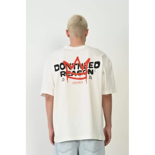 Unisex Baskılı Bisiklet Yaka Oversize T-Shirt - Beyaz