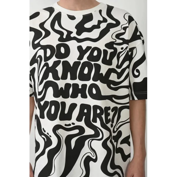 Unisex Baskılı Bisiklet Yaka Oversize T-Shirt - Beyaz