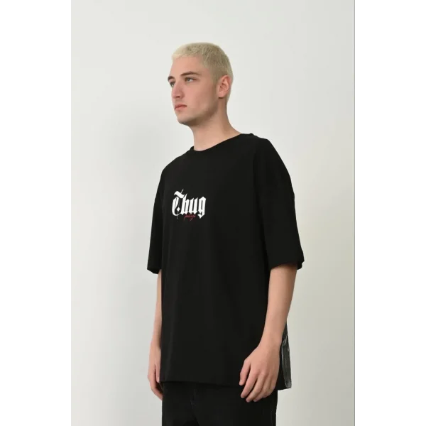 Unisex Baskılı Bisiklet Yaka Oversize T-Shirt - Siyah