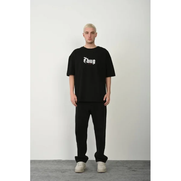 Unisex Baskılı Bisiklet Yaka Oversize T-Shirt - Siyah